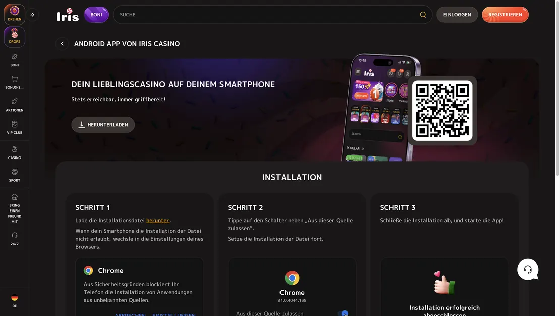 Download-Seite der IRIS Casino App für iOS und Android