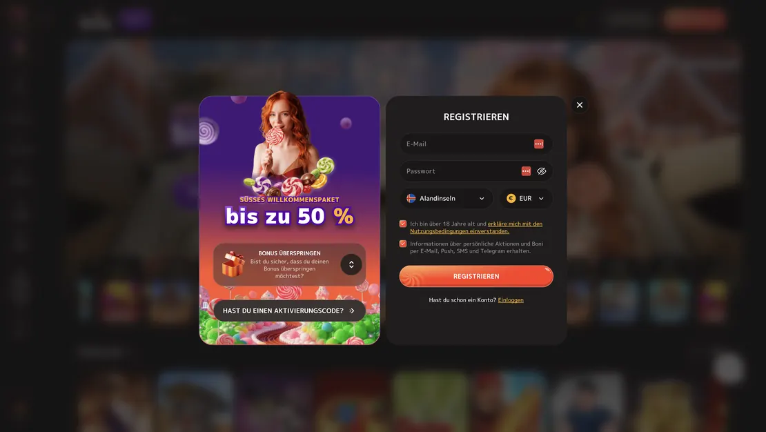Registrierungsformular bei IRIS Casino: E-Mail, Passwort, Land, Währung