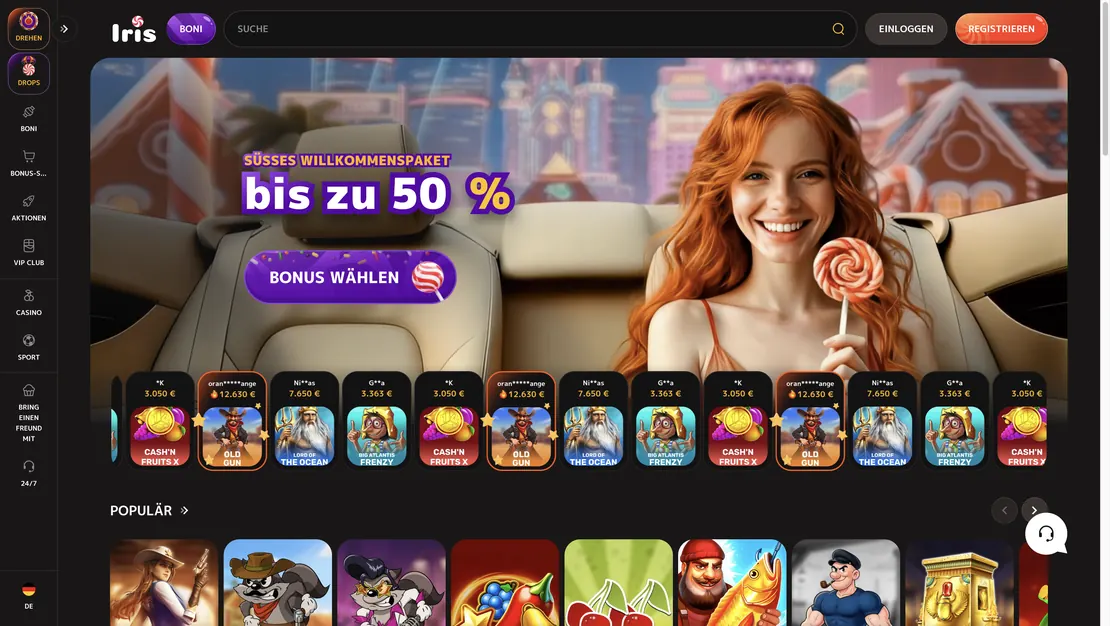 Startseite von IRIS Casino mit Willkommenspaket