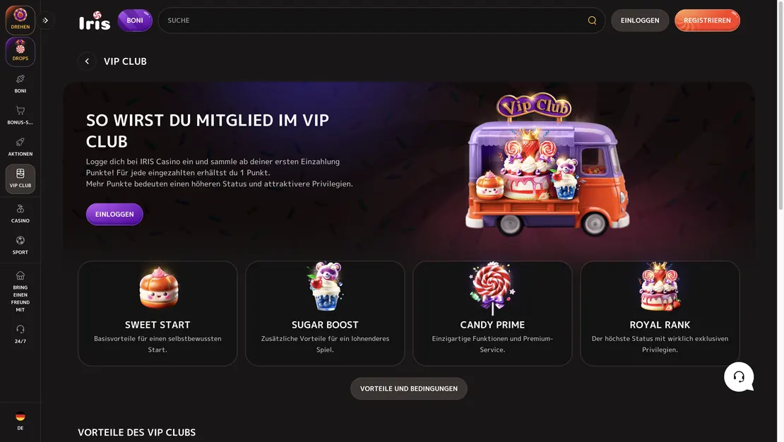 VIP-Club-Seite von IRIS Casino mit vier Stufen